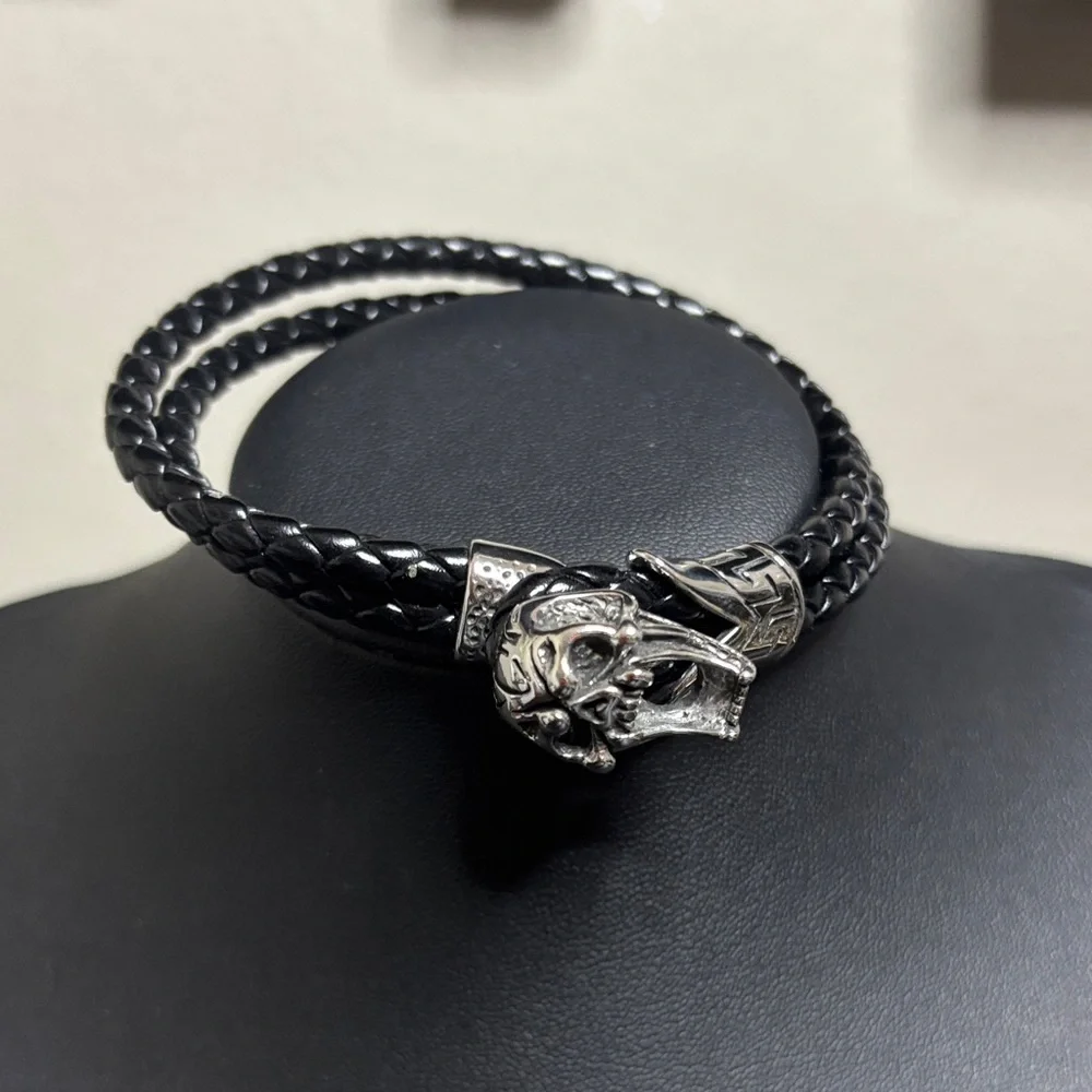 Gothic Stainless Steel Braided Black Leather Open Mouth Skull Bracelet